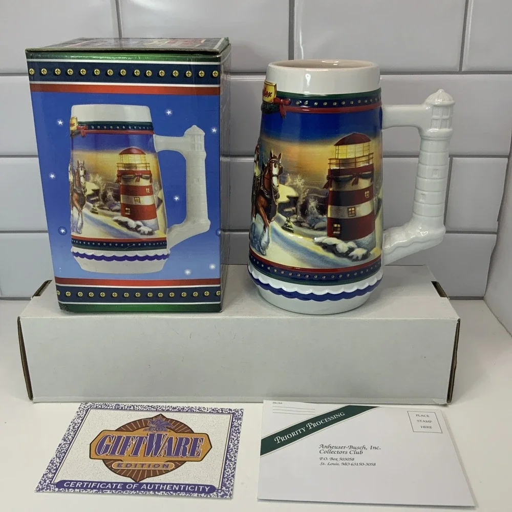 2002  Anheuser Busch Budweiser Holiday Christmas Beer Stein Clydesdales‎